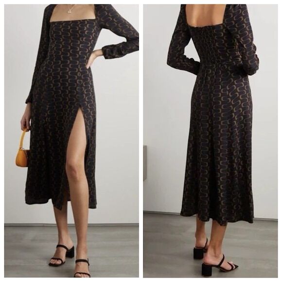 Reformation Dresses & Skirts - Reformation Sigmund Side Slit Midi Dress Sz 8 Black Linguini Print Square Neck